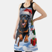 Rottweiler läuft im Schnee mit Weihnachtshut Schürze (InSitu)