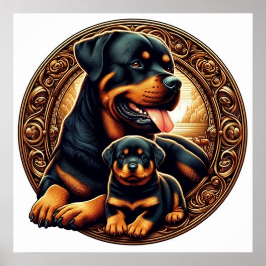 Rottweiler Mama und Welpe Poster (Vorne)