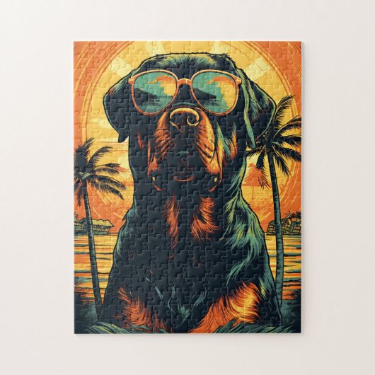 Rottweiler mit Sonnenbrille am Strand Puzzle (Vertikal)
