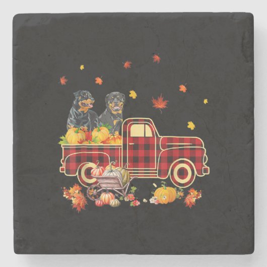 Rottweiler Pumpkin Truck Fall Leaf Erntedank Steinuntersetzer (Vorderseite)