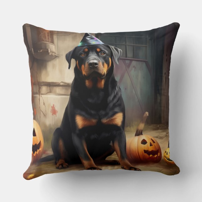 Rottweiler Pumpkins Halloween Beängstigend Kissen (Rückseite)