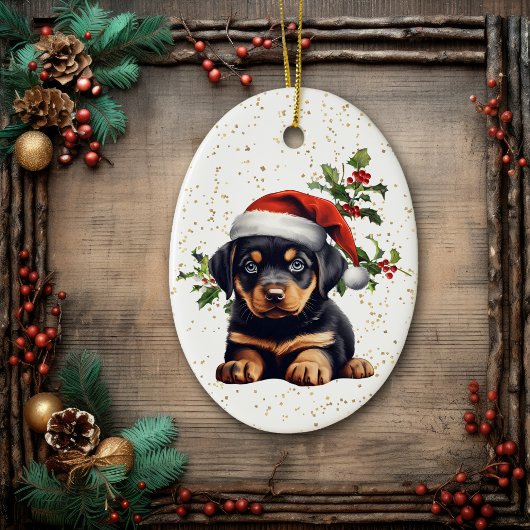 Rottweiler Puppy Christmas Holly Keramik Ornament