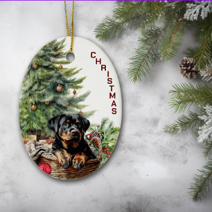 Rottweiler Puppy Wicker Basket Weihnachten Keramik Ornament