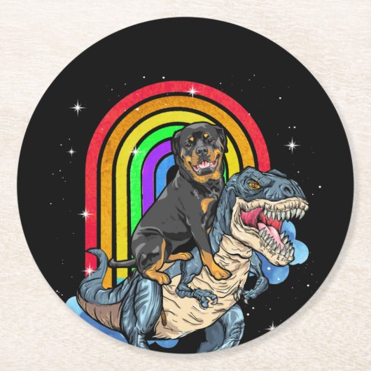 Rottweiler Riding Dinosaur T rex Rainbow Runder Pappuntersetzer (Vorderseite)