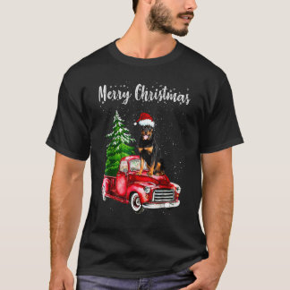 Rottweiler Riding Red Truck Merry Christmas Dog S T-Shirt