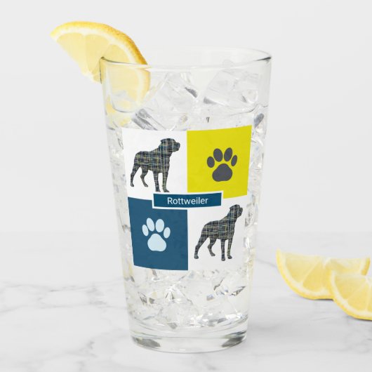 Rottweiler Silhouette Hund & Paw Gelb & Blau Grid Glas (Vorderseite Ice)