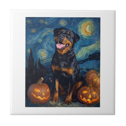 Rottweiler Süßer Hund Halloween Jack O Lantern Kür Fliese (Vorderseite)