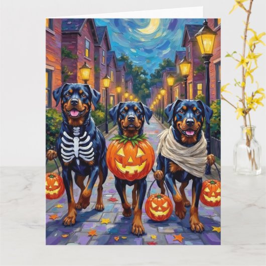 Rottweiler Trick-or-Treating In Halloween Costumes Karte (Gelbe Blume)