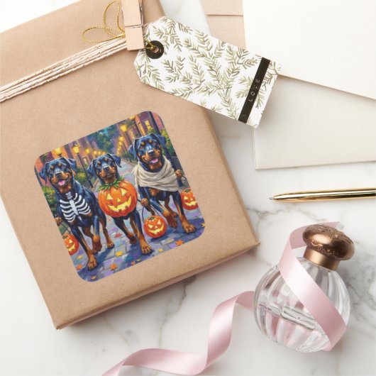 Rottweiler Trick-or-Treating In Halloween Costumes Quadratischer Aufkleber (Schenken)