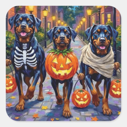 Rottweiler Trick-or-Treating In Halloween Costumes Quadratischer Aufkleber (Vorderseite)