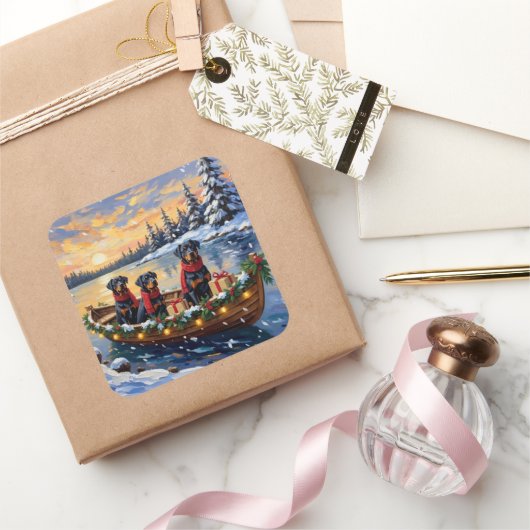 Rottweiler Weihnachtsboot Urlaub Quadratischer Aufkleber (Schenken)