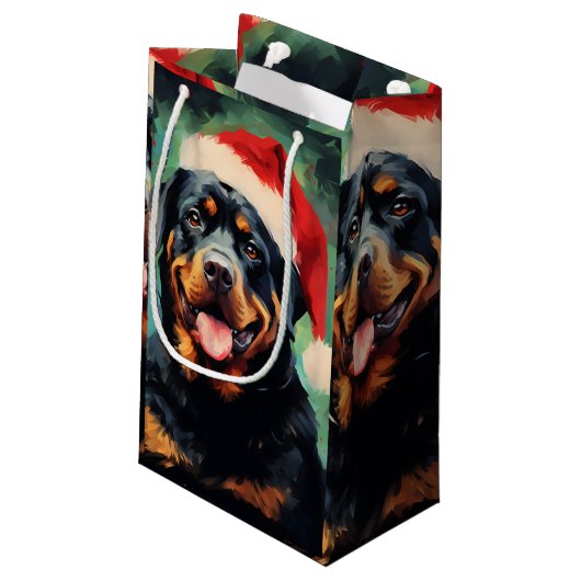 Rottweiler Weihnachtsmalerei Kleine Geschenktüte (Rückseite Schrägansicht)