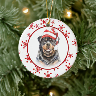 Rottweiler Weihnachtsmannmütze Roter Schneeflocken Keramik Ornament