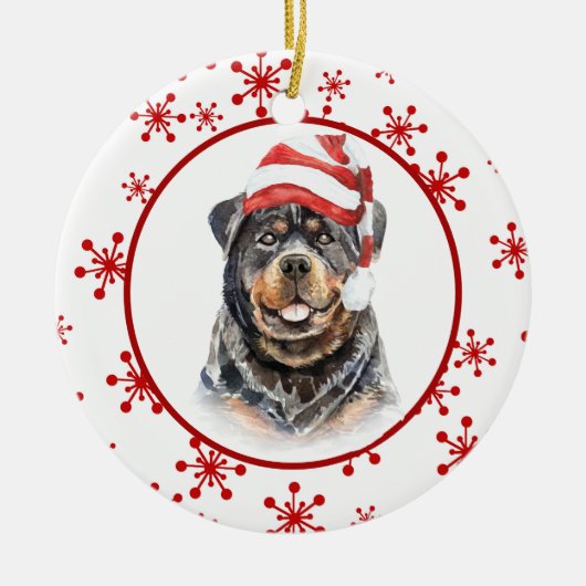 Rottweiler Weihnachtsmannmütze Roter Schneeflocken Keramik Ornament (Vorne)