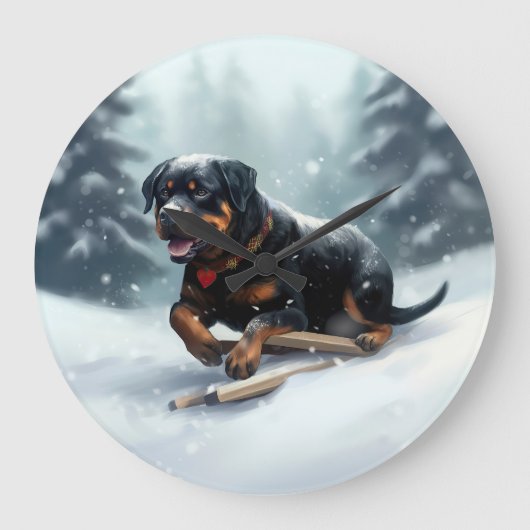 Rottweiler Weihnachtsschnee Winter Kissen Große Wanduhr (Vorderseite)