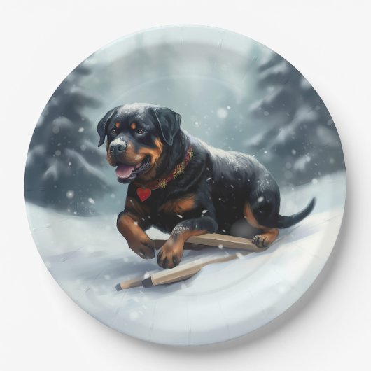 Rottweiler Weihnachtsschnee Winter Kissen Pappteller (Vorderseite)