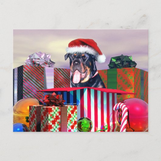 Rottweiler Weihnachtsüberraschung Feiertagspostkarte (Vorderseite)