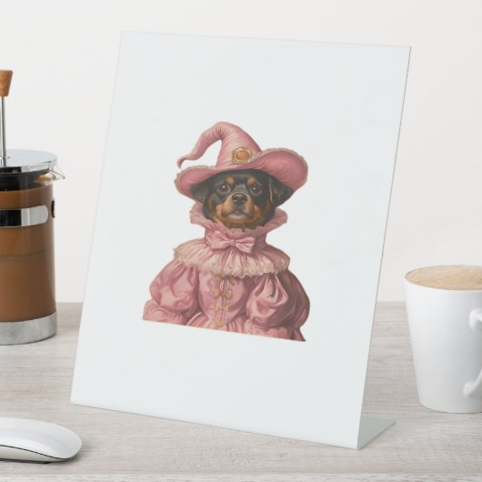 Rottweiler Welpe, gekleidet als rosa Hexe - Niedli Sockelschild (In Situ)