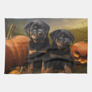 Rottweiler-Welpe Herbstfreude Kürbis Geschirrtuch