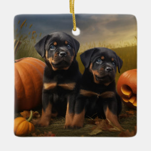 Rottweiler-Welpe Herbstfreude Kürbis Keramikornament