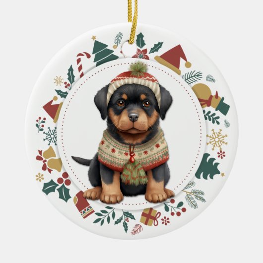 Rottweiler Welpe im Winter Weihnachten im Winter Keramik Ornament (Vorne)