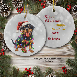 Rottweiler Welpe in Weihnachtsbeleuchtung gepackt Keramik Ornament