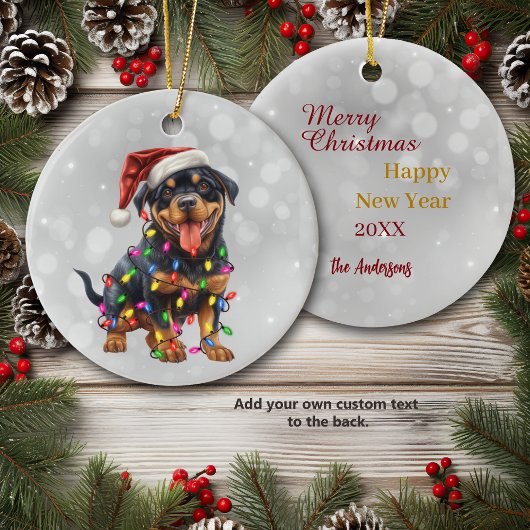 Rottweiler Welpe in Weihnachtsbeleuchtung gepackt Keramik Ornament