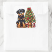 Rottweiler Welpe von einem Weihnachtsbaum mit Gesc Quadratischer Aufkleber (Tasche)