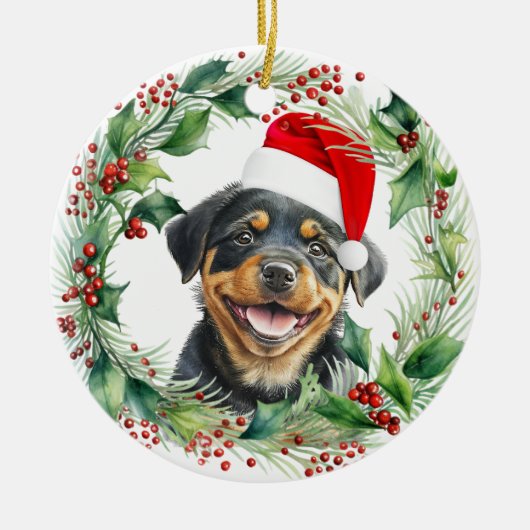 Rottweiler Welppy Holly Wreath Weihnachten Keramik Ornament (Vorne)