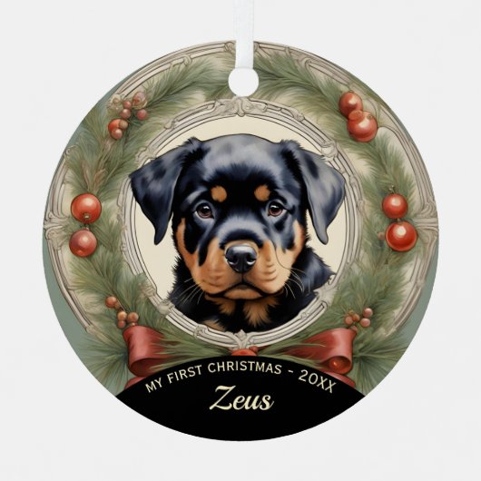 Rottweiler Welppy's First Christmas Ornament Aus Metall (Vorderseite)