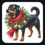 Rottweiler zu Weihnachten verkleidet Quadratischer Aufkleber<br><div class="desc">Ein fröhlicher Rottweiler steht stolz mit einem lebhaften Urlaubskurz um den Hals,  mit roten und grünen heiligen Blätter,  leuchtend roten Bögen und goldenen Glocken. Der Hund strahlt einen fröhlichen Geist aus,  der die Wärme und Freude der Weihnachtszeit widerspiegelt.</div>