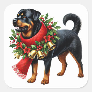 Rottweiler zu Weihnachten verkleidet Quadratischer Aufkleber