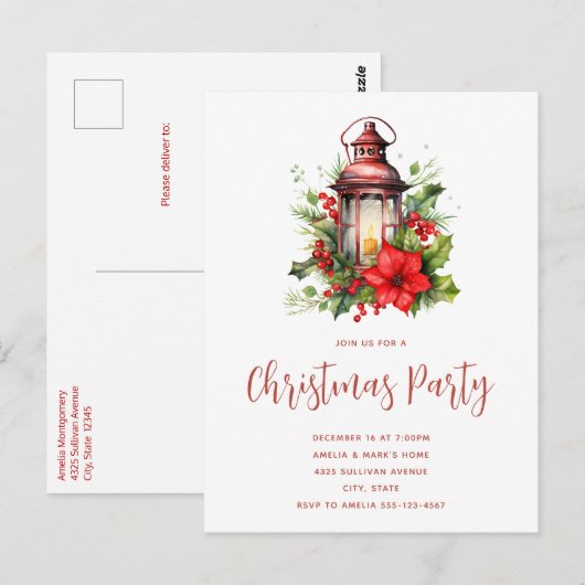 Rotweihnachtskletterfest Poinsettia Party Einladun Postkarte (Vorne/Hinten)