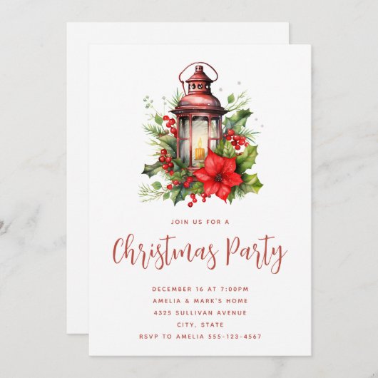 Rotweihnachtslattern Poinsettia und Pine Party Einladung (Vorne/Hinten)