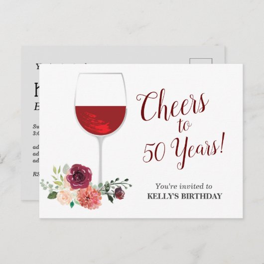 Rotwein, Beifall Geburtstag Einladung Postkarte (Vorne/Hinten)