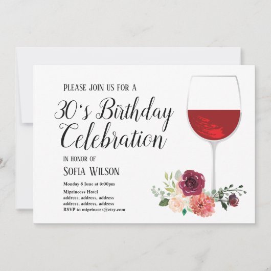 Rotwein, Blumen, Geburtstagsfeier Einladung (Vorderseite)