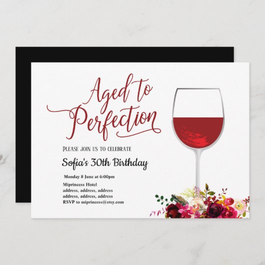 Rotwein, blumig, bis zur Vollendung gereift, Gebur Einladung (Vorne/Hinten)
