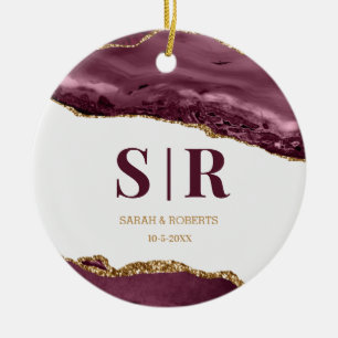 Rotwein-Geoden-Achat-Paar-Initialen-Weihnachten Keramik Ornament