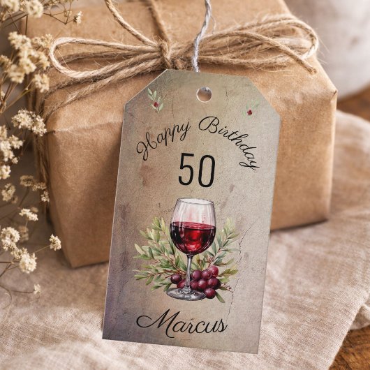 Rotwein Glas Olive Wasserfarbe 50. Geburtstag Geschenkanhänger
