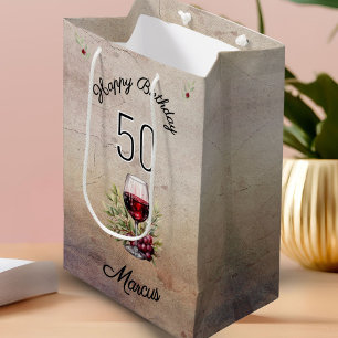 Rotwein Glas Olive Wasserfarbe 50. Geburtstag Mittlere Geschenktüte