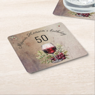 Rotwein Glas Olive Wasserfarbe 50. Geburtstag Rechteckiger Pappuntersetzer