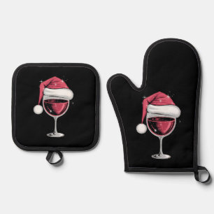 Rotwein Glas Weihnachten Lustiges Weihnachten Xmas Ofenhandschuh & Topflappen-Set