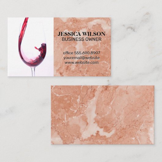 Rotwein in Glas | Rosa orangefarbener Marmor Visitenkarte (Vorne/Hinten)