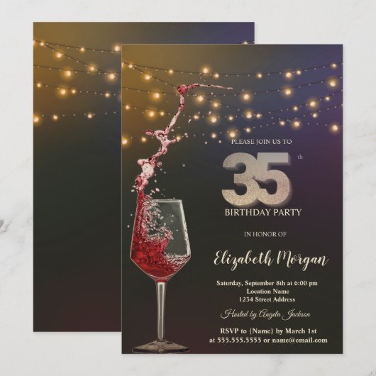 Rotwein-Lichterkette 35. Geburtstagsfeier Einladung (Vorne/Hinten)