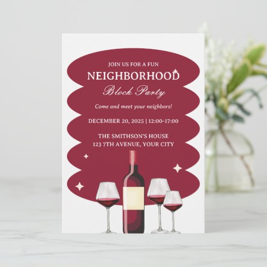 Rotwein-Nachbarschaft-Party Einladung (Stehend Vorderseite)
