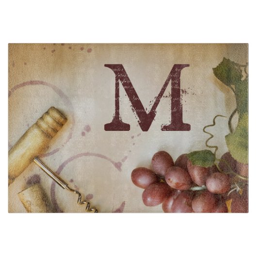 Rotwein Trauben Kork Monogramm Glasschneidebrett Schneidebrett (Vorderseite)