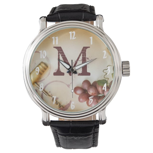 Rotwein Trauben Korkcreme Flasche Glas Beobachten Armbanduhr (Vorderseite)