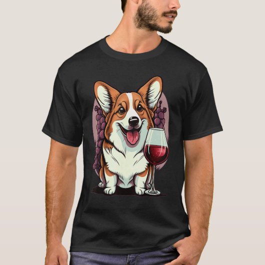 Rotwein trinkender Welsh Corgi T-Shirt (Vorderseite)