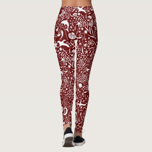 Rotweiße Ozeanmuster | Dolphin Waves Muschel Crab Leggings (Rückseite)