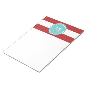 Rotweiße Streifen Muster, Aquamarines Monogramm Notizblock